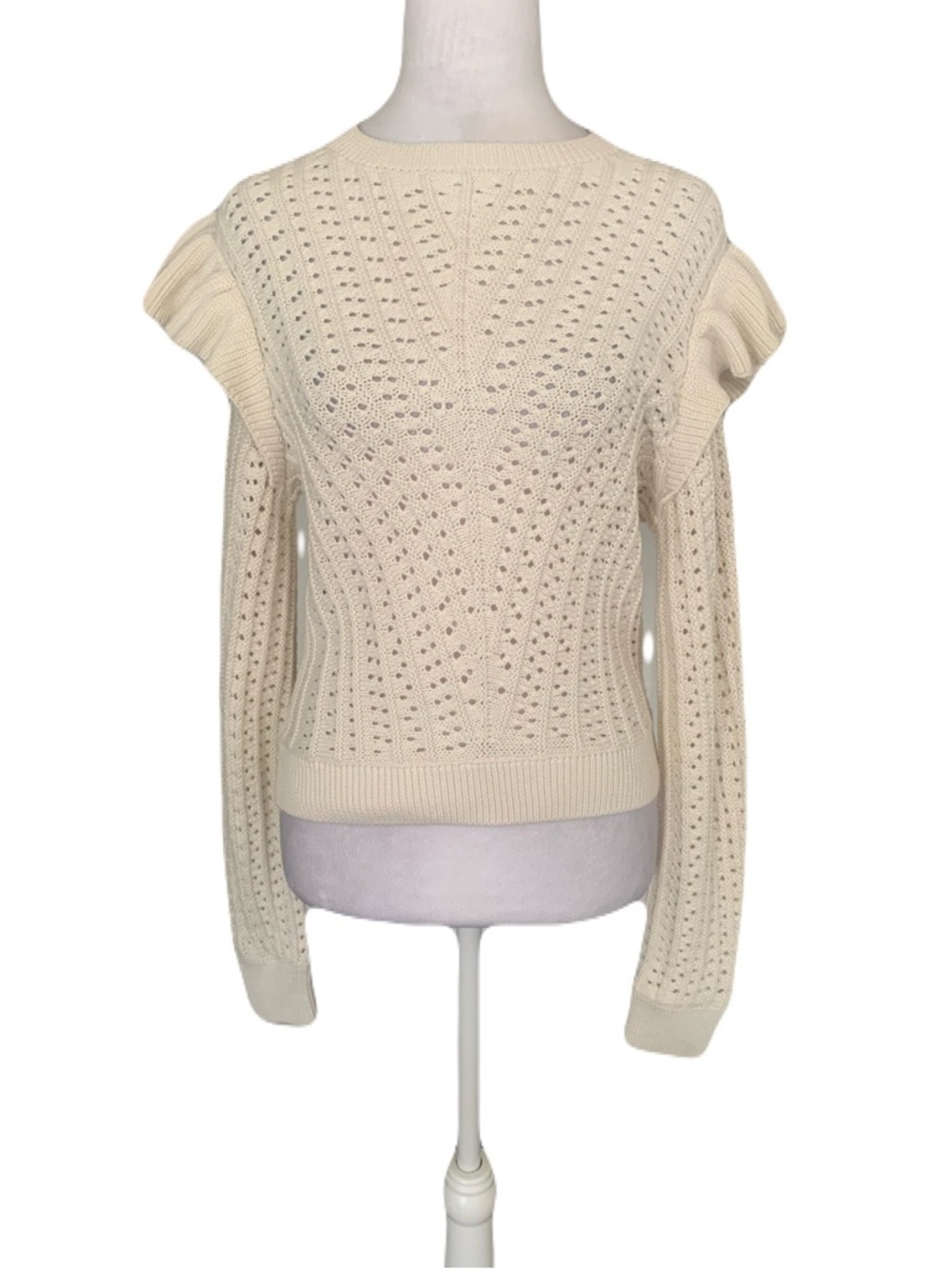 Nation LTD Women’s Size Small Porcelain Open-Knit Ruffle-Shoulder Sweater